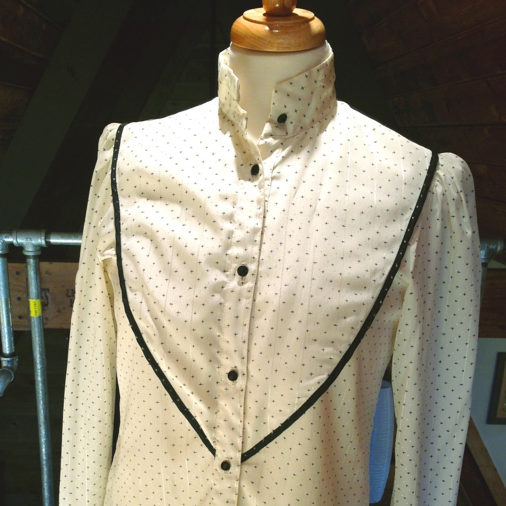 Vintage high button up neck Tuxedo look shirt